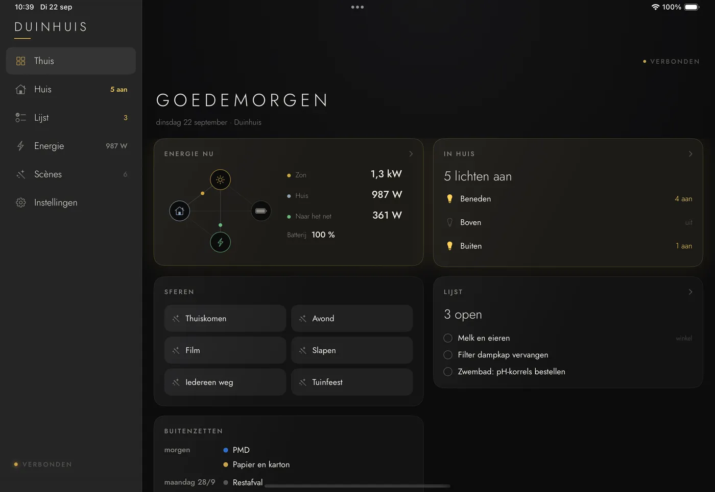 De Lenou-app op een iPad in liggende stand: een zijbalk met de secties, en een overzicht met energie nu, welke lichten branden, de sferen en de gedeelde lijst.